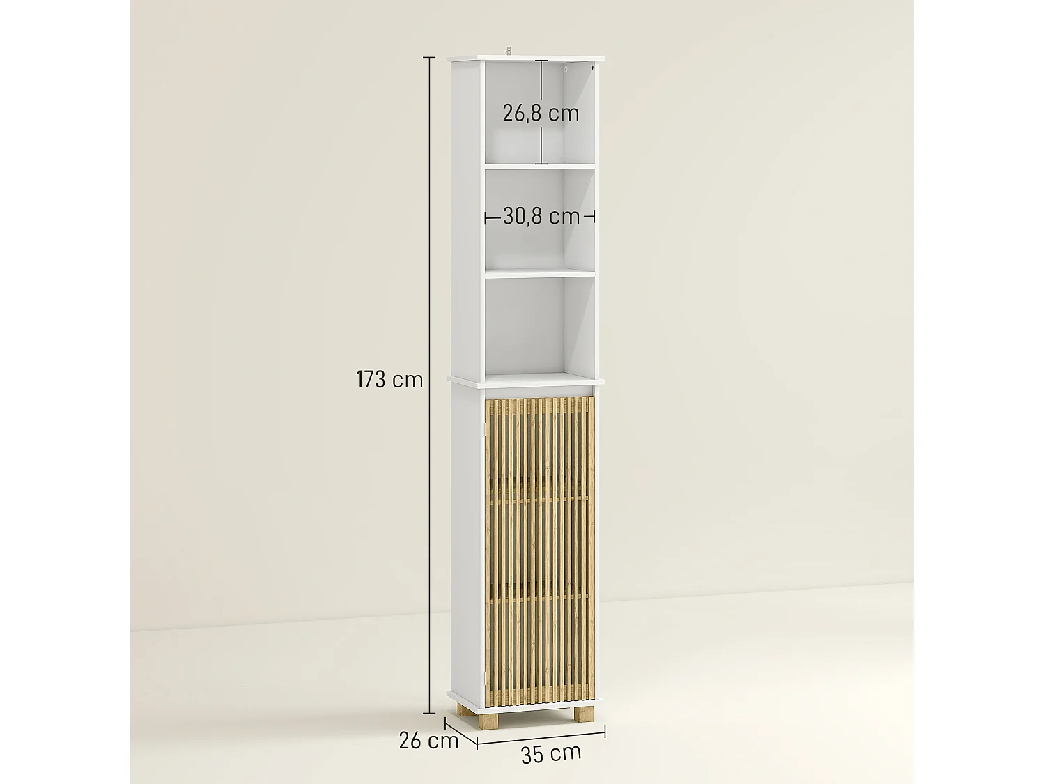 Colonne salle de bain H.173 cm - porte à lattes verticales, étagère, 3 niches - piètement bambou blanc