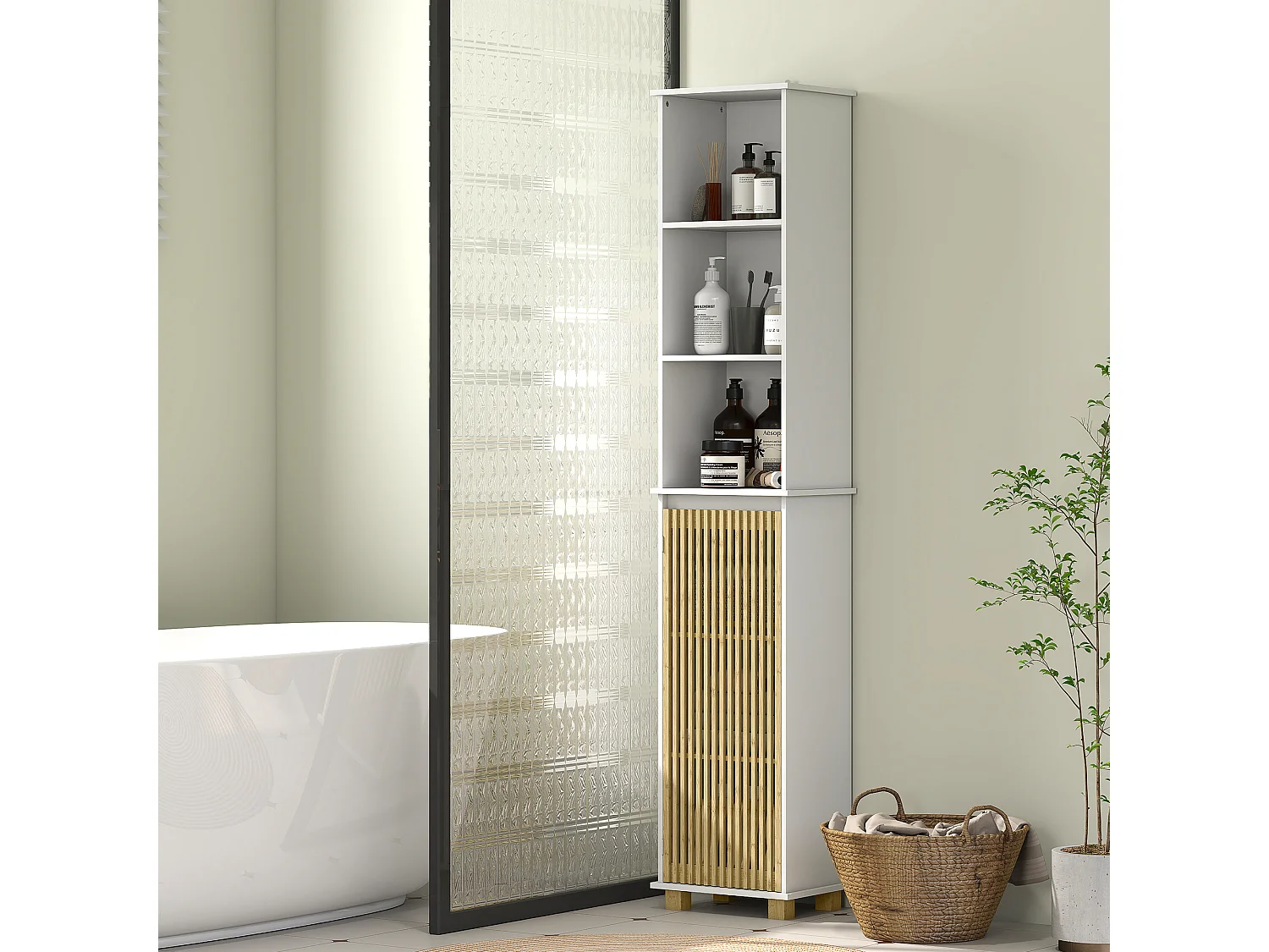 Colonne salle de bain H.173 cm - porte à lattes verticales, étagère, 3 niches - piètement bambou blanc