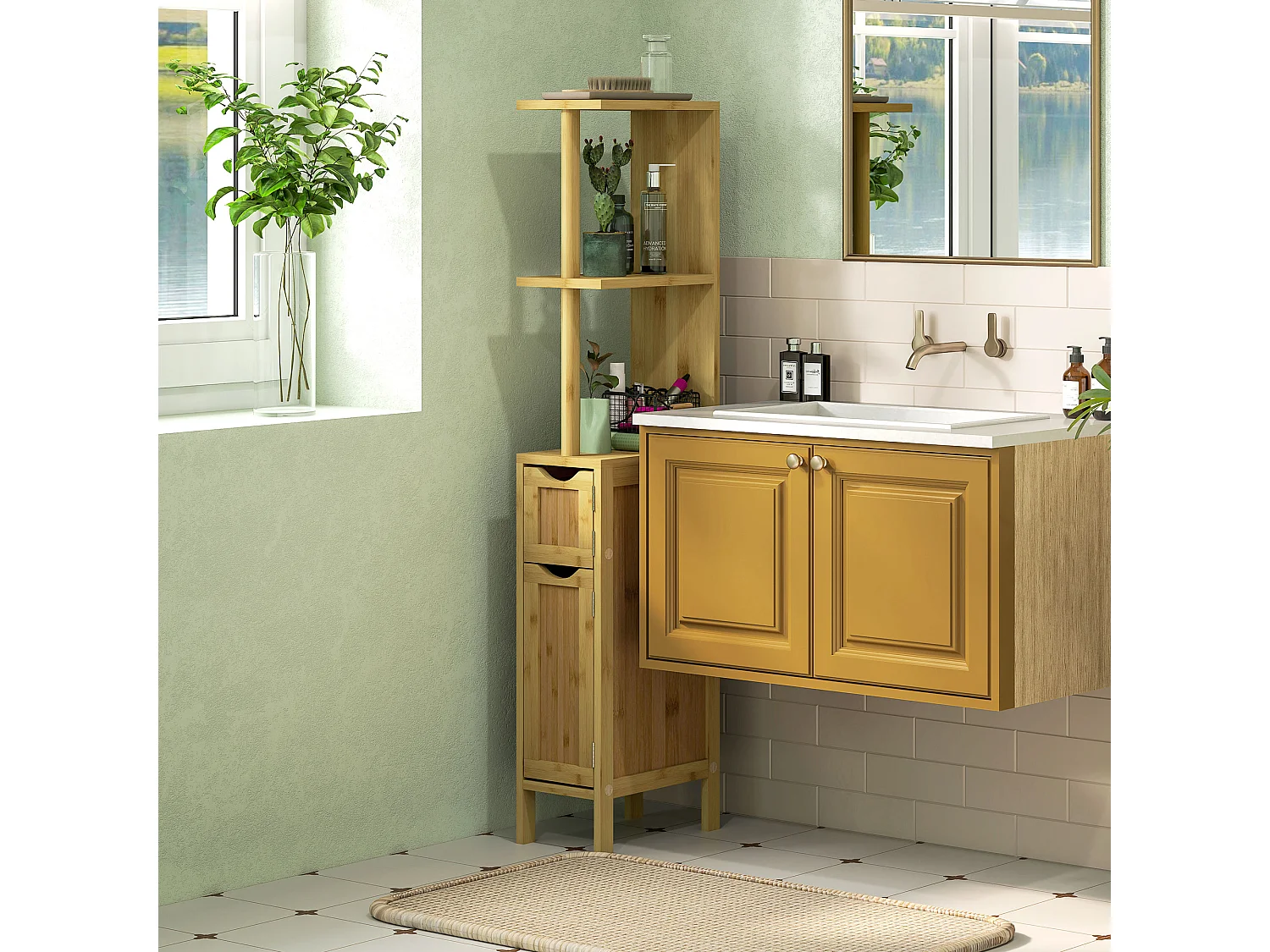 Colonne de salle de bain style cosy chic bambou H. 120 cm - 2 étagères, 2 portes