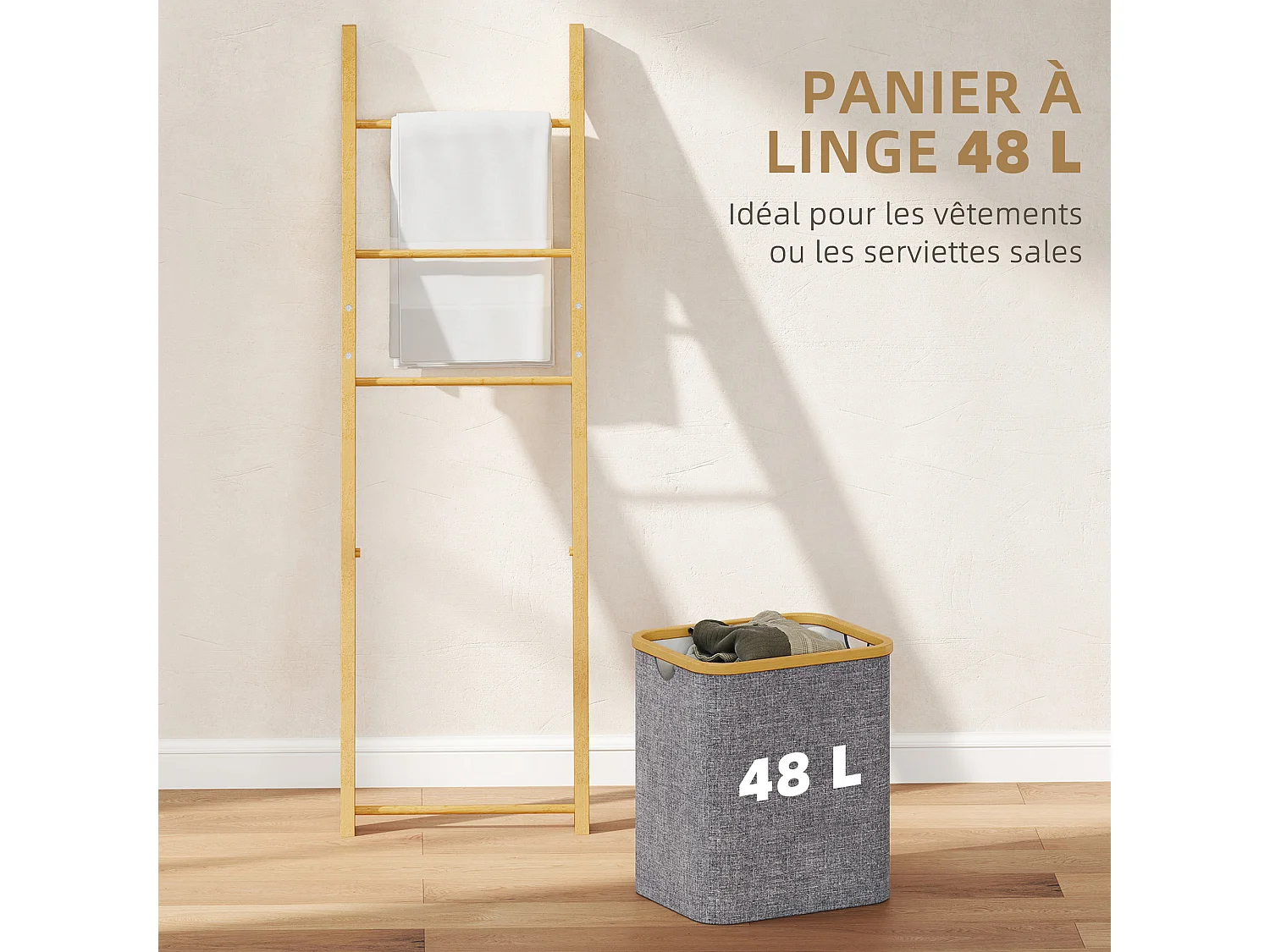 Porte-serviettes bambou avec panier à linge, échelle porte-serviettes avec 1 panier à linge, pour salon, chambre à coucher, buanderie, 43 x 35 x 133 cm, gris