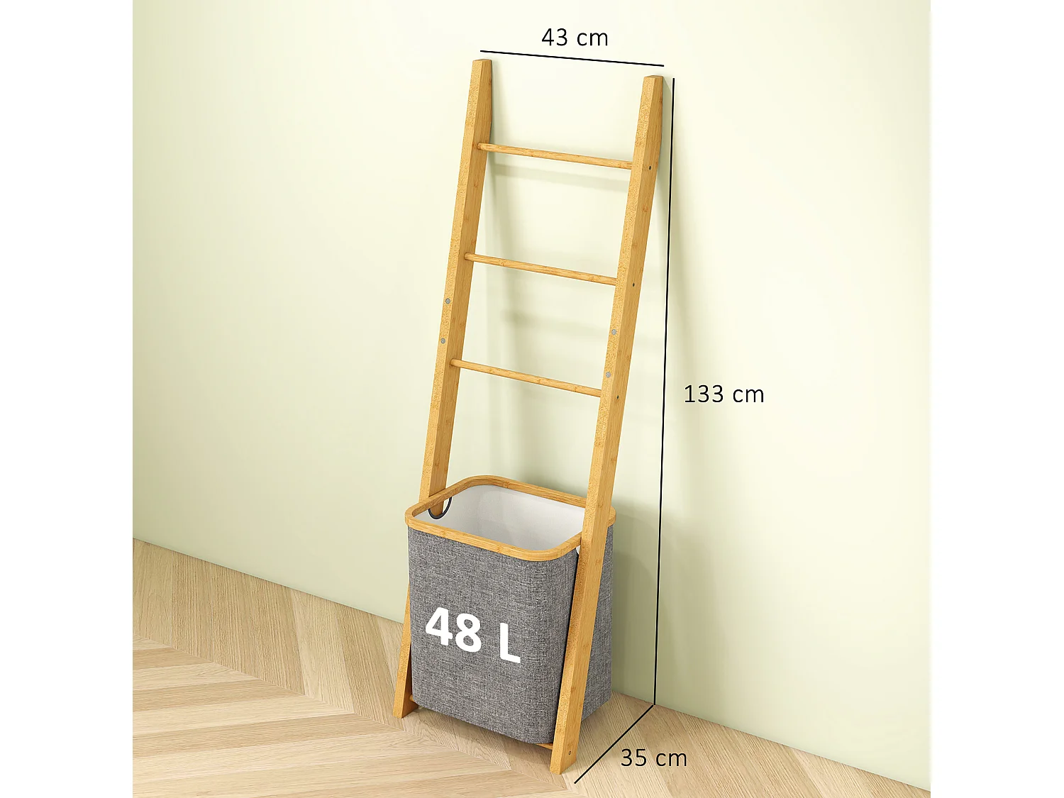 Porte-serviettes bambou avec panier à linge, échelle porte-serviettes avec 1 panier à linge, pour salon, chambre à coucher, buanderie, 43 x 35 x 133 cm, gris