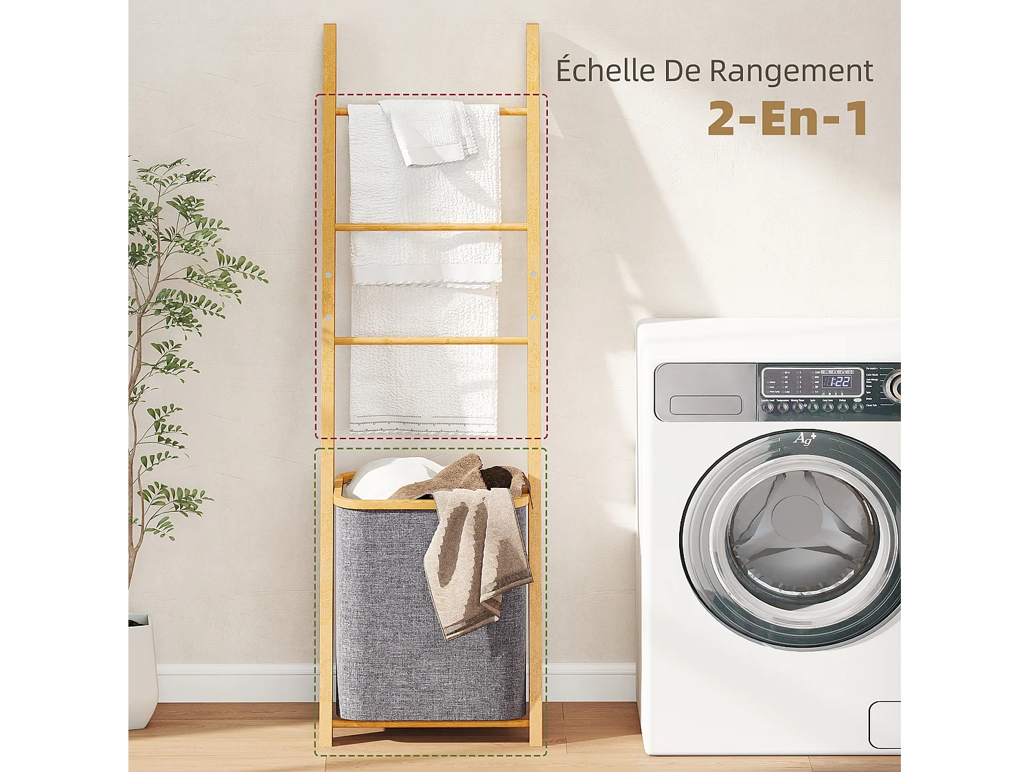 Porte-serviettes bambou avec panier à linge, échelle porte-serviettes avec 1 panier à linge, pour salon, chambre à coucher, buanderie, 43 x 35 x 133 cm, gris