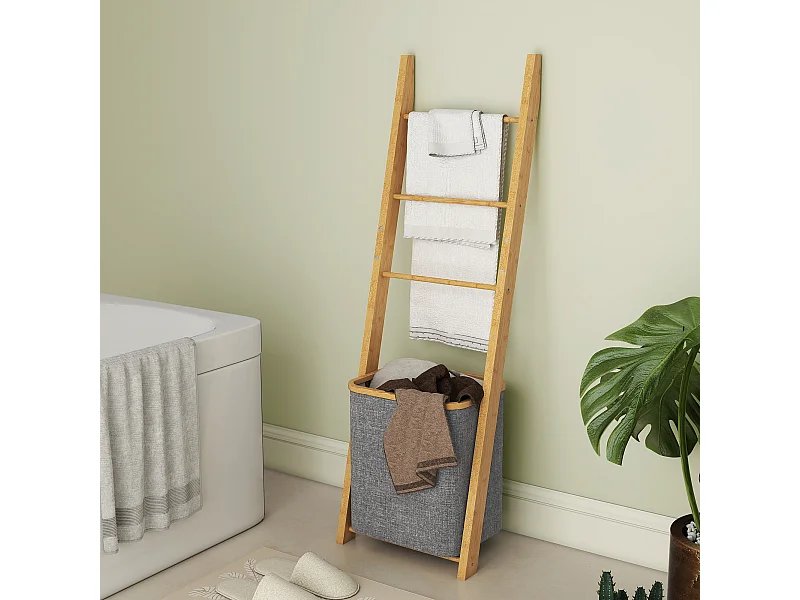 Porte-serviettes bambou avec panier à linge, échelle porte-serviettes avec 1 panier à linge, pour salon, chambre à coucher, buanderie, 43 x 35 x 133 cm, gris