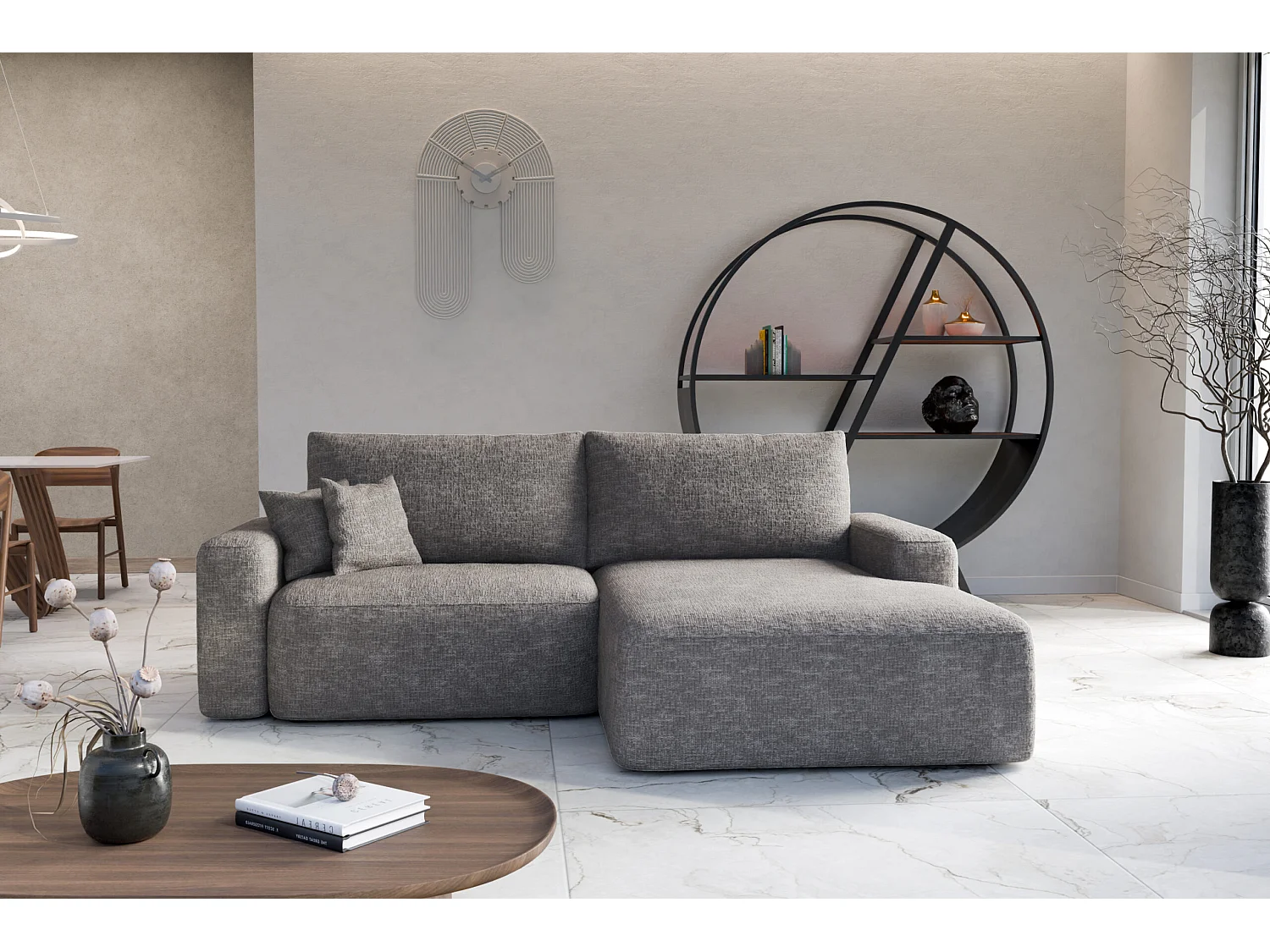 Divano angolare destro letto SOHO in chenille grigio antimacchia – Direttamente dal produttore, consegna e installazione gratuite!