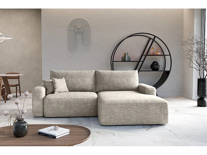 Canapé d’angle droit convertible SOHO en chenille beige anti-taches – Direct fabricant, livraison et installation offertes