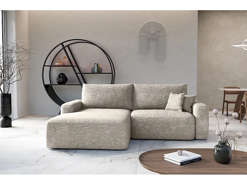 Canapé d’angle gauche convertible SOHO en chenille beige anti-taches – Direct fabricant, livraison et installation offertes