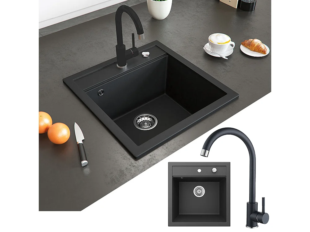 Granitspüle mit Armatur schwarz 49x50x19