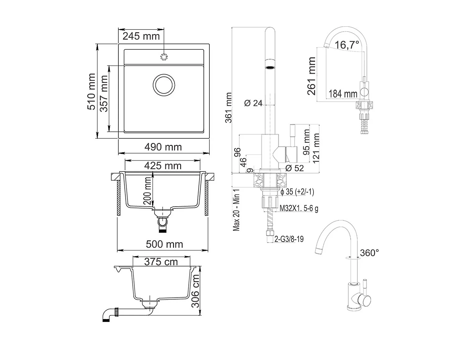 Granitspüle mit Armatur schwarz 49x50x19