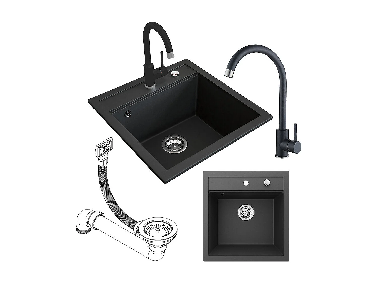 Granitspüle mit Armatur schwarz 49x50x19