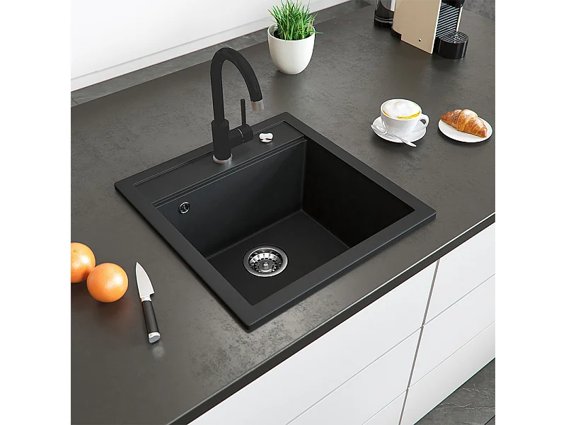 Granitspüle mit Armatur schwarz 49x50x19