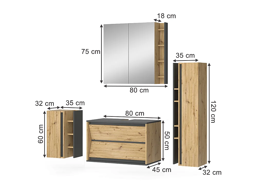 Bathroom furniture set anthracite/artisan oak 80x45x50 edelin