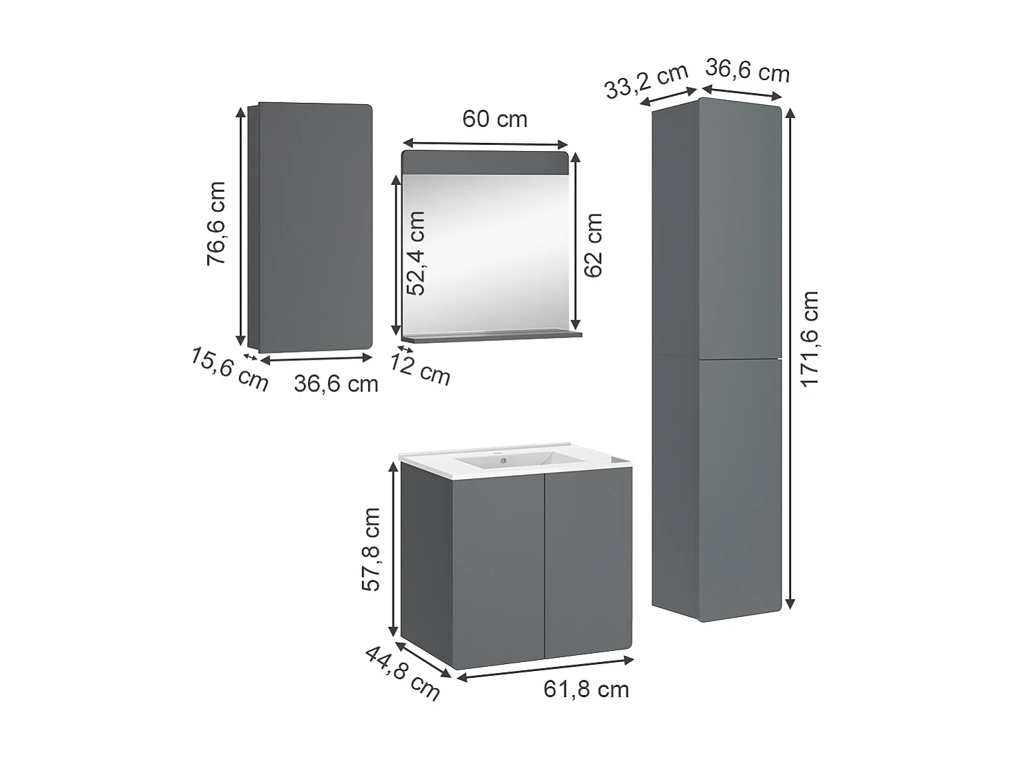 Set mobili bagno grigio 61.8x44.8x57.8 izan