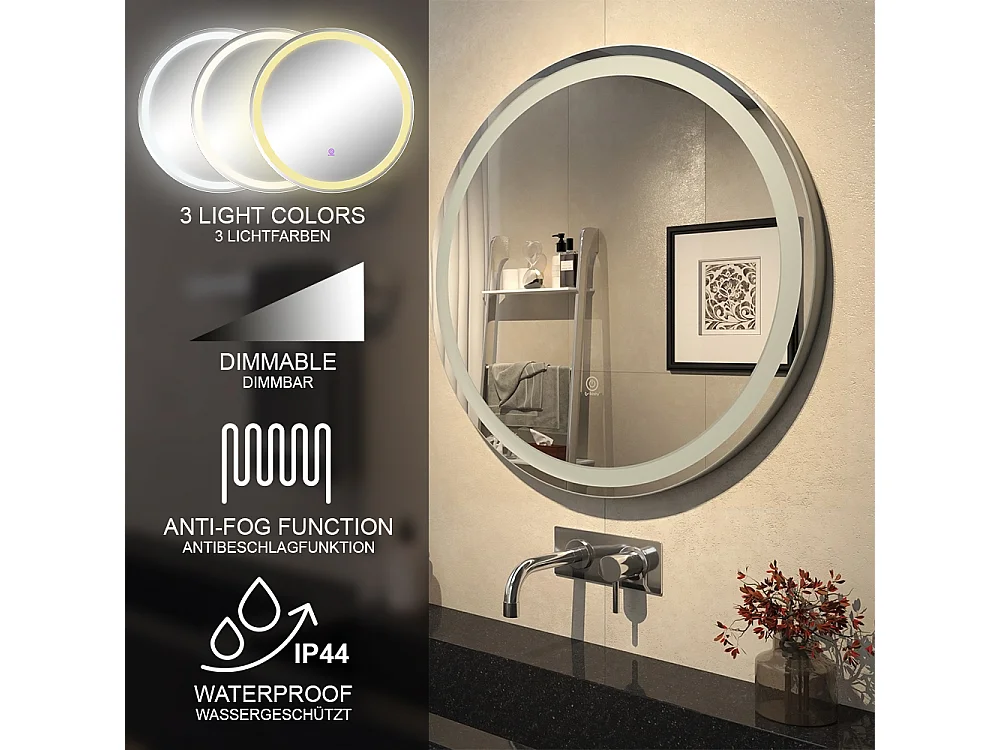 Miroir mural blanc 70x4x70 lumos