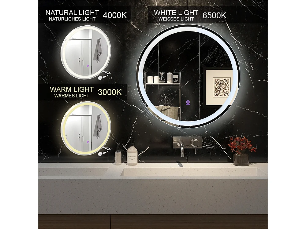 Miroir mural blanc 70x4x70 lumos