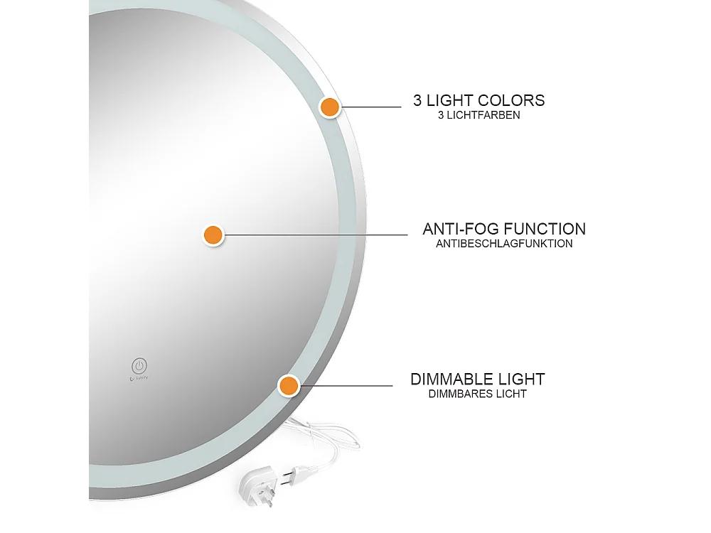 Miroir mural blanc 70x4x70 lumos