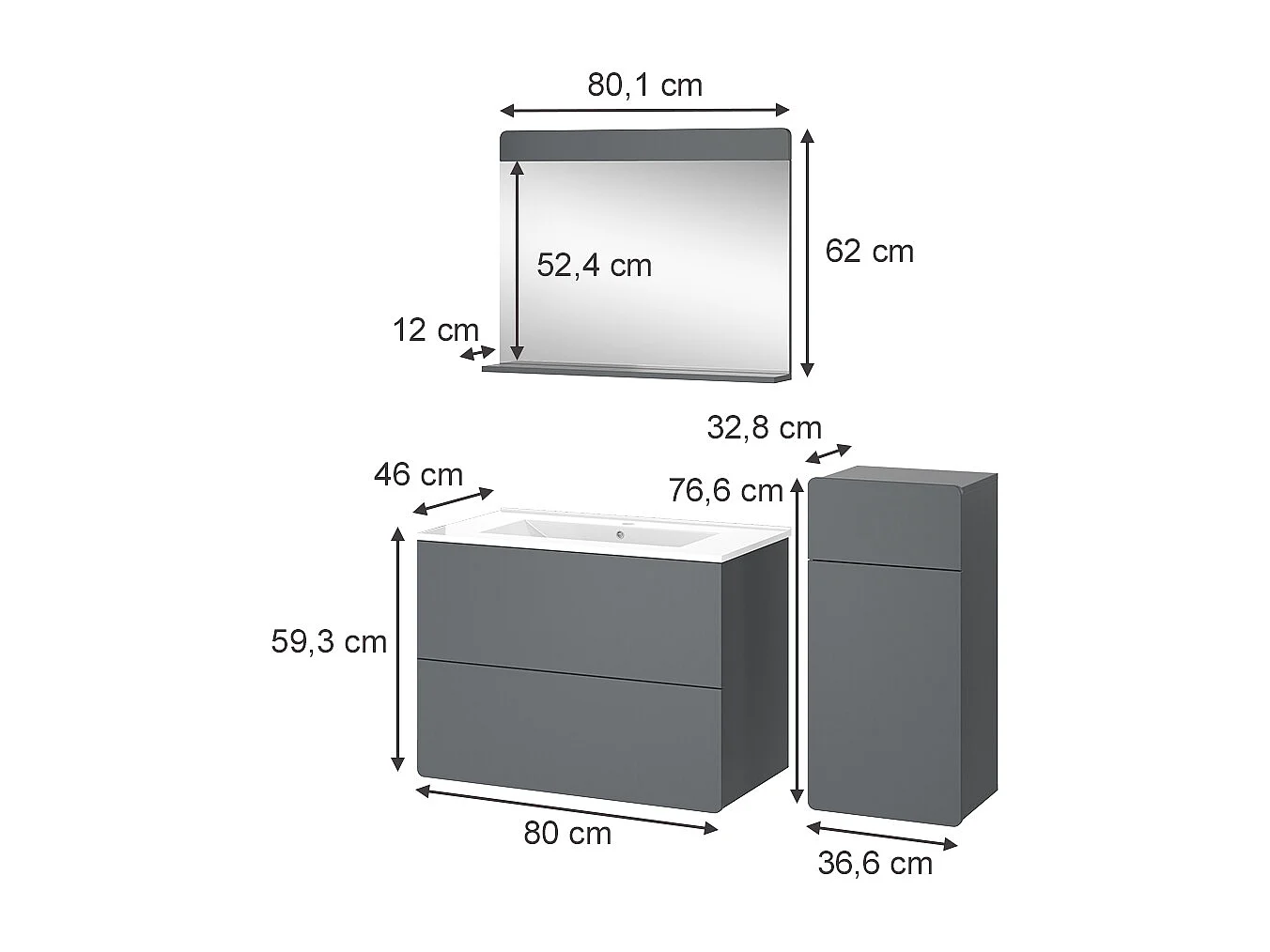 Ensemble de meubles de salle de bain gris 80x46x59.3 izan