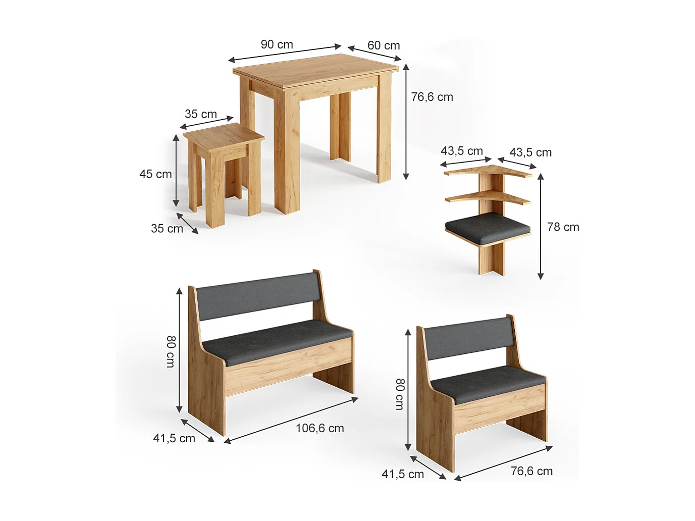 Groupe de banquettes dangle chêne de force doré 150x120x80 roman