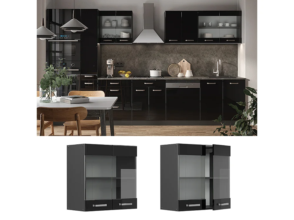 Armario de cocina con vidrio negro brillo intenso 60x31x60 r-line