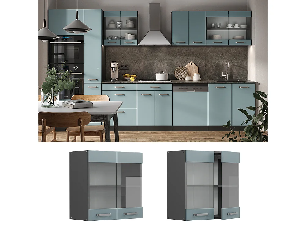 Glass kitchen cabinet blue-grey 60x31x60 r-line