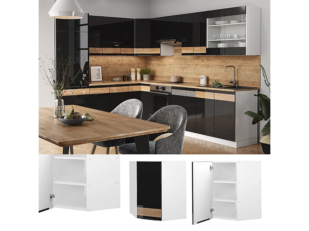 Armario colgante de esquina roble negro alto brillo 57x34.1x72 fame-line