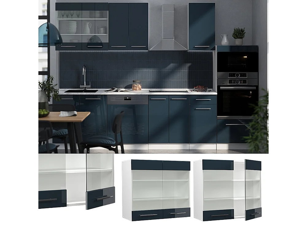Szklana szafka kuchenna ciemnoniebieski wysoki połysk 80x34.1x72 fame-line