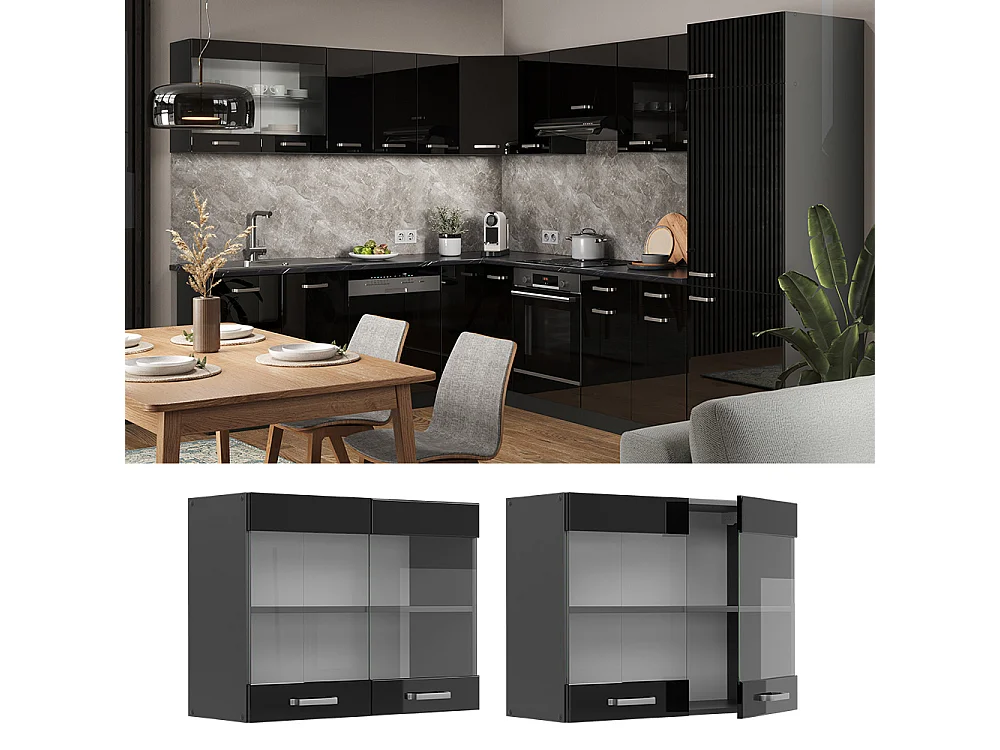 Küchenglasschrank schwarz hochglanz 80x31x60 r-line