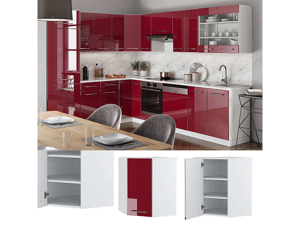 Armario colgante de esquina rojo burdeos alto brillo 57x34.1x72 fame-line