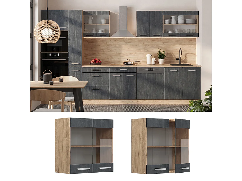 Armario de cocina con vidrio hormigón negro 60x31x60 r-line