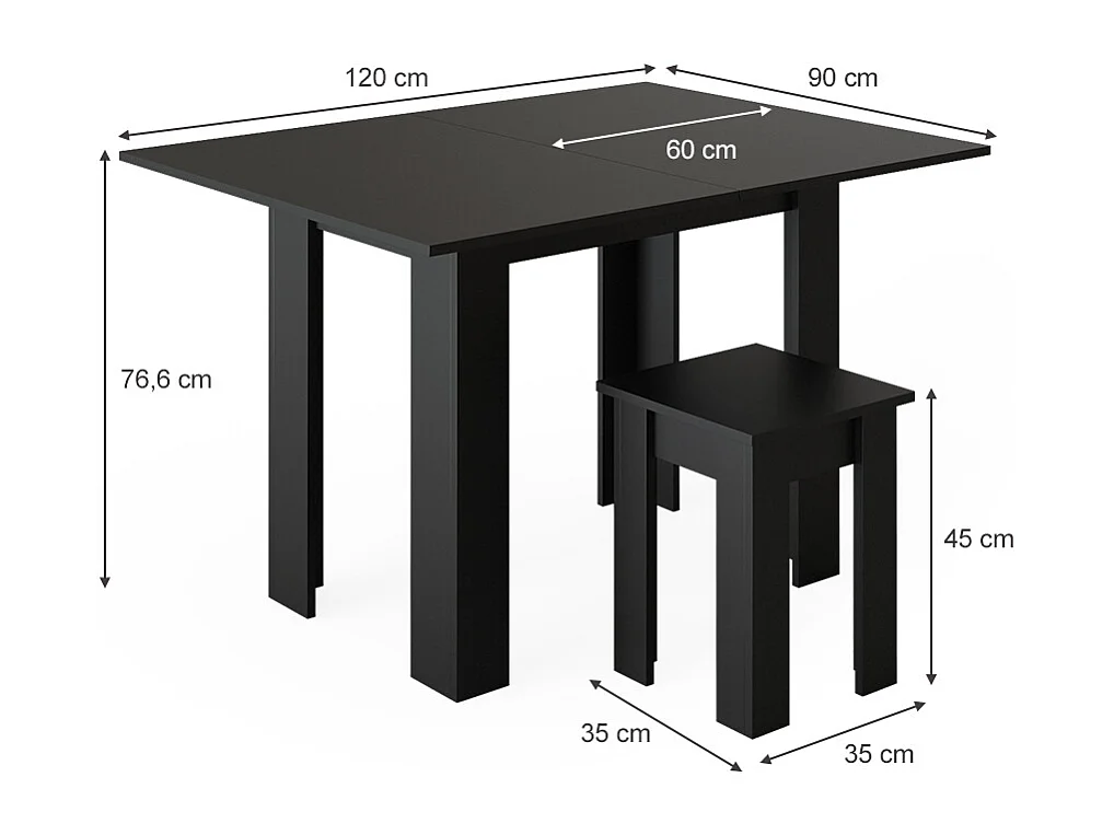 Table et tabouret noir 90x60x76.6 roman