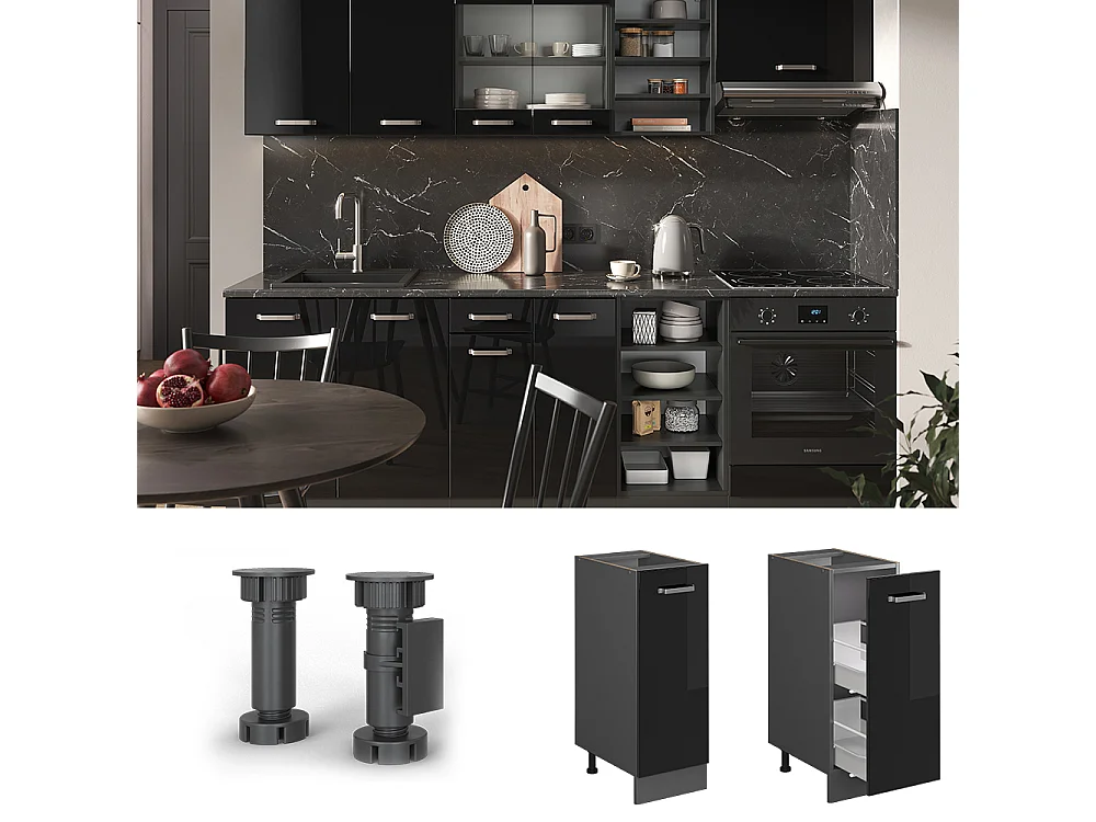 Meuble de cuisine noir haute brillance 30x46x81.6 r-line