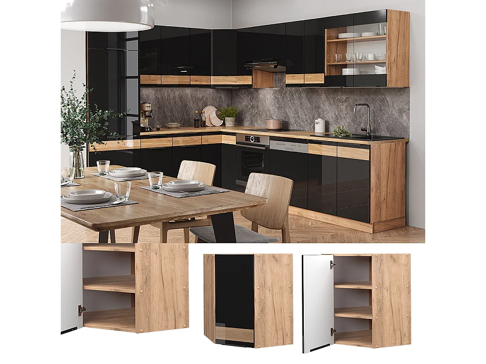 Armario colgante de esquina roble negro alto brillo 57x34.1x72 fame-line