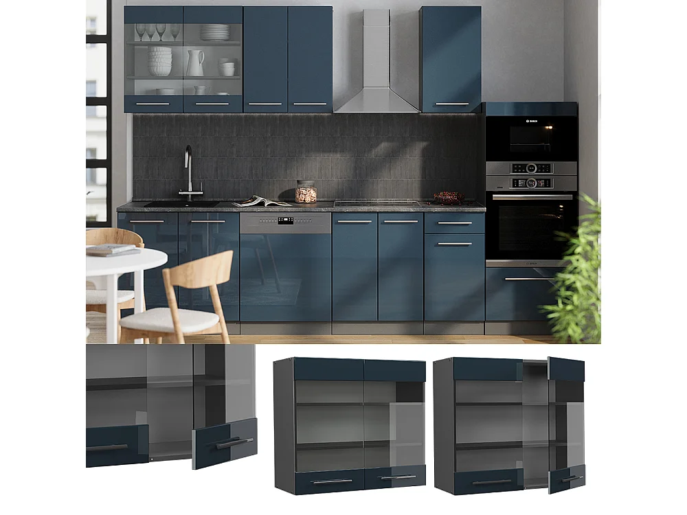 Armario de cocina con vidrio azul oscuro alto brillo 80x34.1x72 fame-line