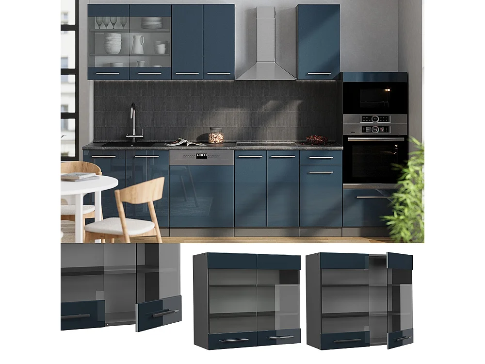 Glass kitchen cabinet dark blue high gloss 80x34.1x72 fame-line