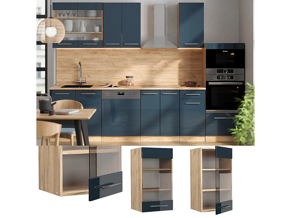 Armario de cocina con vidrio azul oscuro alto brillo 40x34.1x72 fame-line