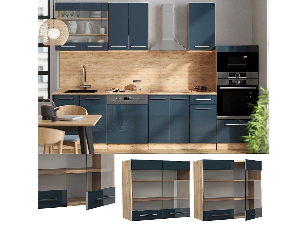 Glass kitchen cabinet dark blue high gloss 80x34.1x72 fame-line