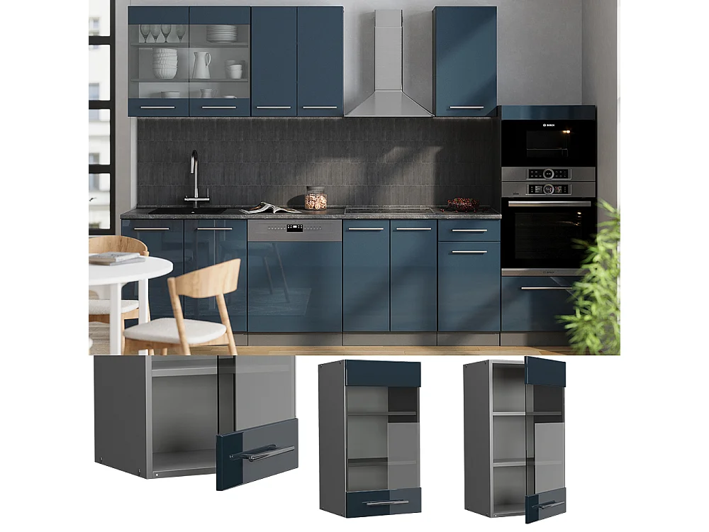 Armario de cocina con vidrio azul oscuro alto brillo 40x34.1x72 fame-line