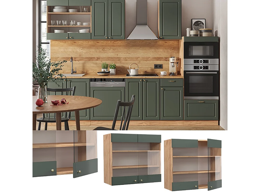 Glass kitchen cabinet green-gold country house 80x34.1x72 fame-line