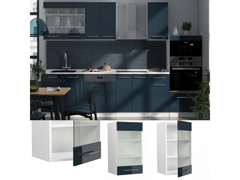 Armario de cocina con vidrio azul oscuro alto brillo 40x34.1x72 fame-line