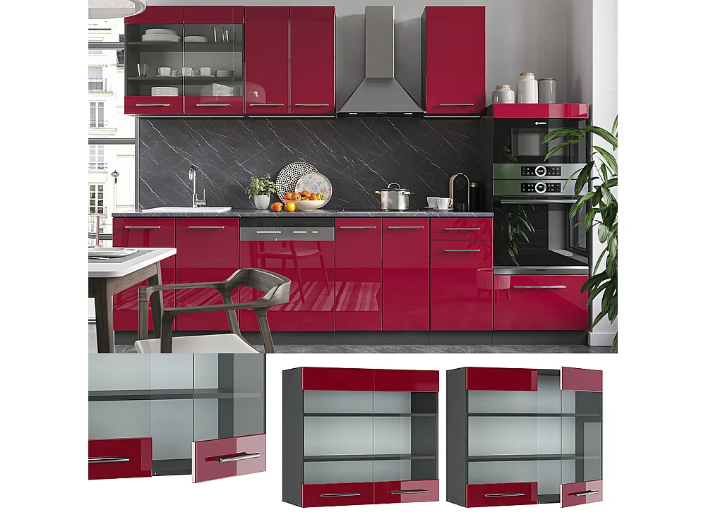 Armario de cocina con vidrio rojo burdeos alto brillo 80x34.1x72 fame-line