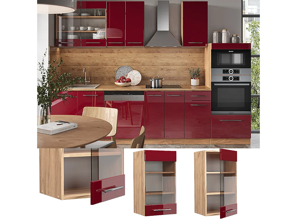 Armario de cocina con vidrio rojo burdeos alto brillo 40x34.1x72 fame-line