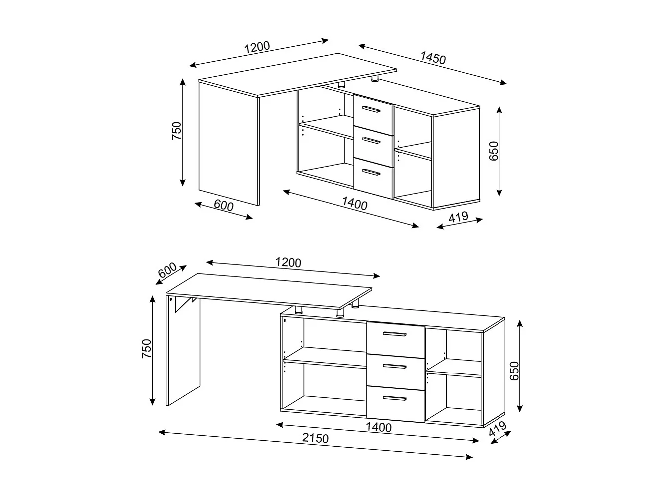 Eckschreibtisch weiß 215x60x75 dante