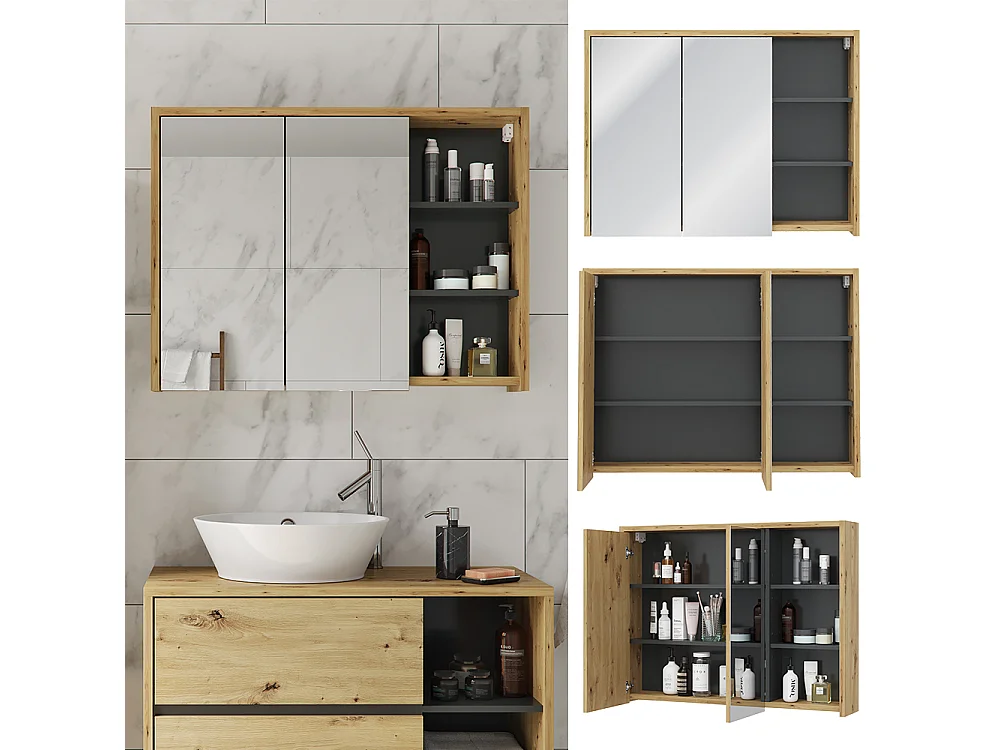 Armario con espejo para baño roble/antracita 100x18x75 viola