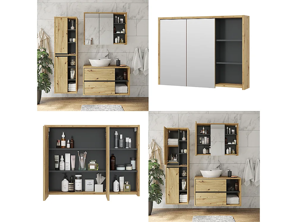 Armario con espejo para baño roble/antracita 100x18x75 viola