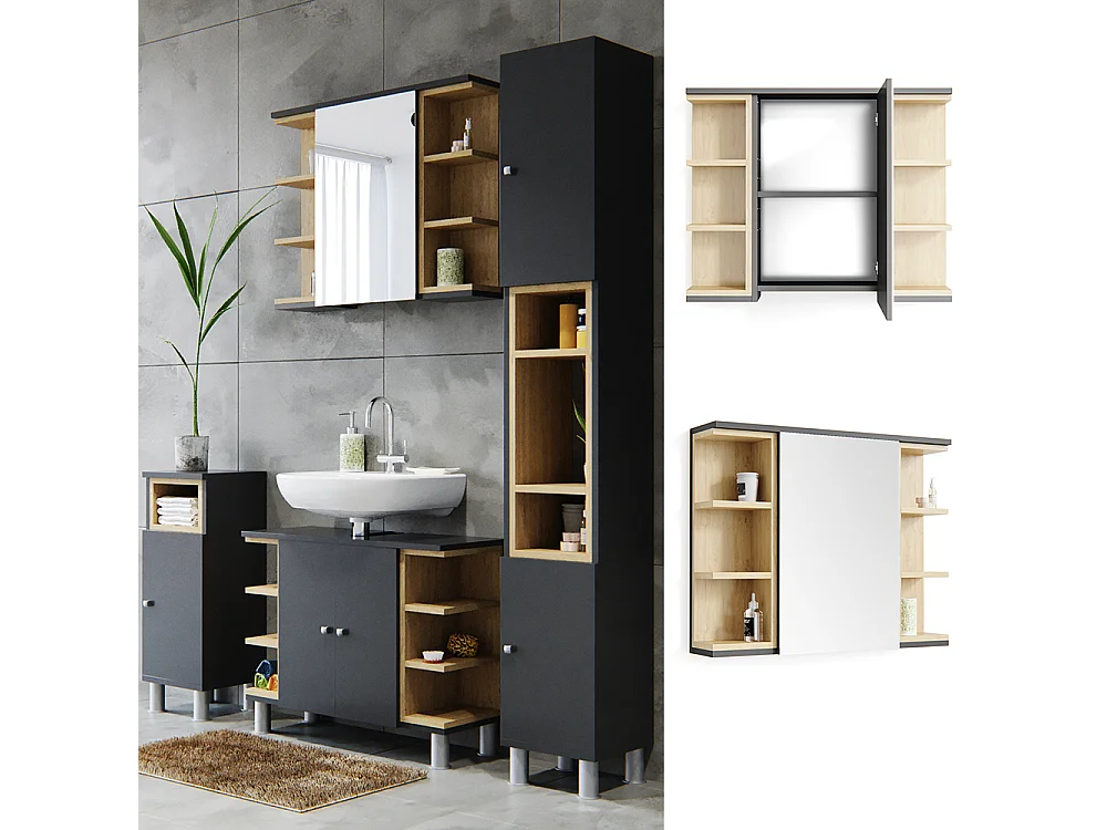 Armario con espejo para baño antracita 79.6x18x64 aquis