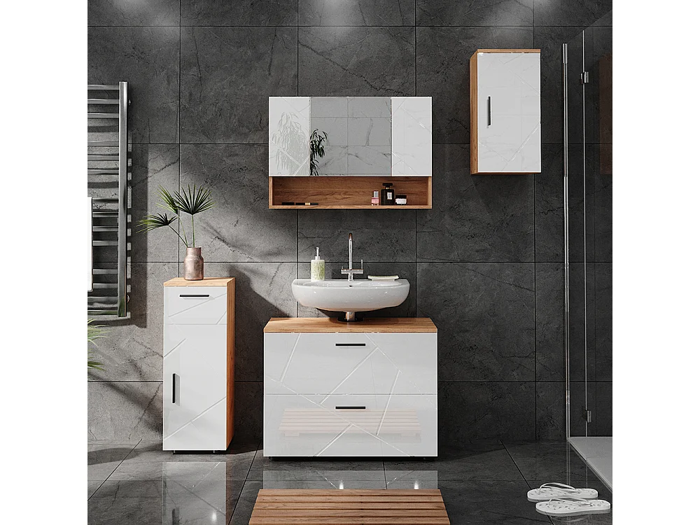 Armoire de toilette blanc brillant/chêne doré 80.1x17x55 irma