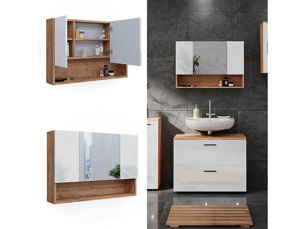 Armoire de toilette blanc brillant/chêne doré 80.1x17x55 irma