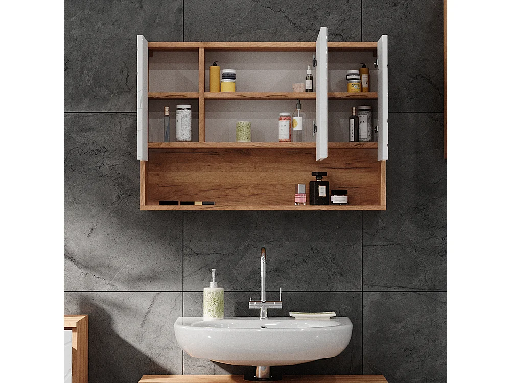 Armoire de toilette blanc brillant/chêne doré 80.1x17x55 irma