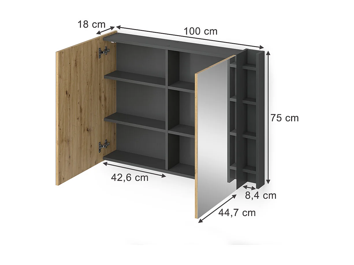 Armoire de toilette anthracite/artisan 100x18x75 edelin
