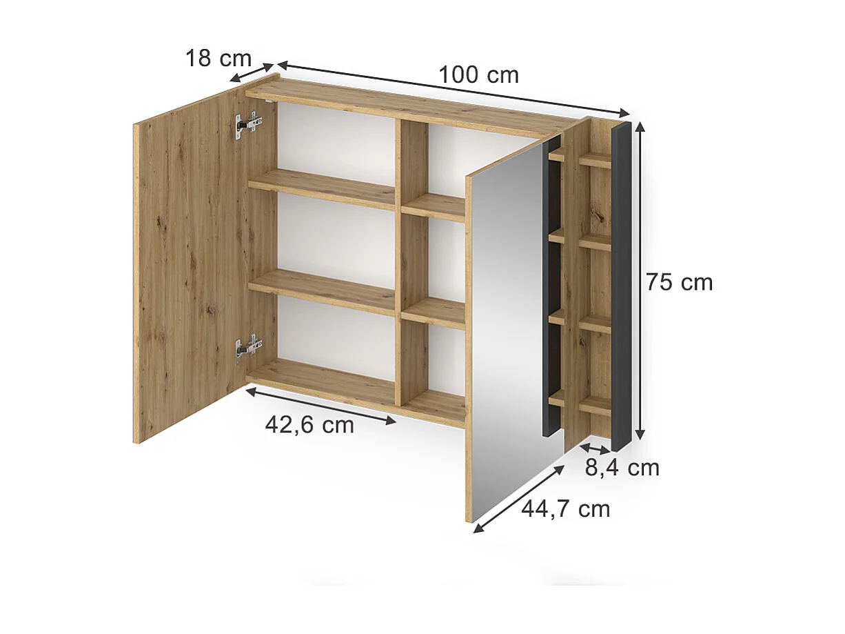 Armario con espejo para baño antracita/artisan 100x18x75 edelin