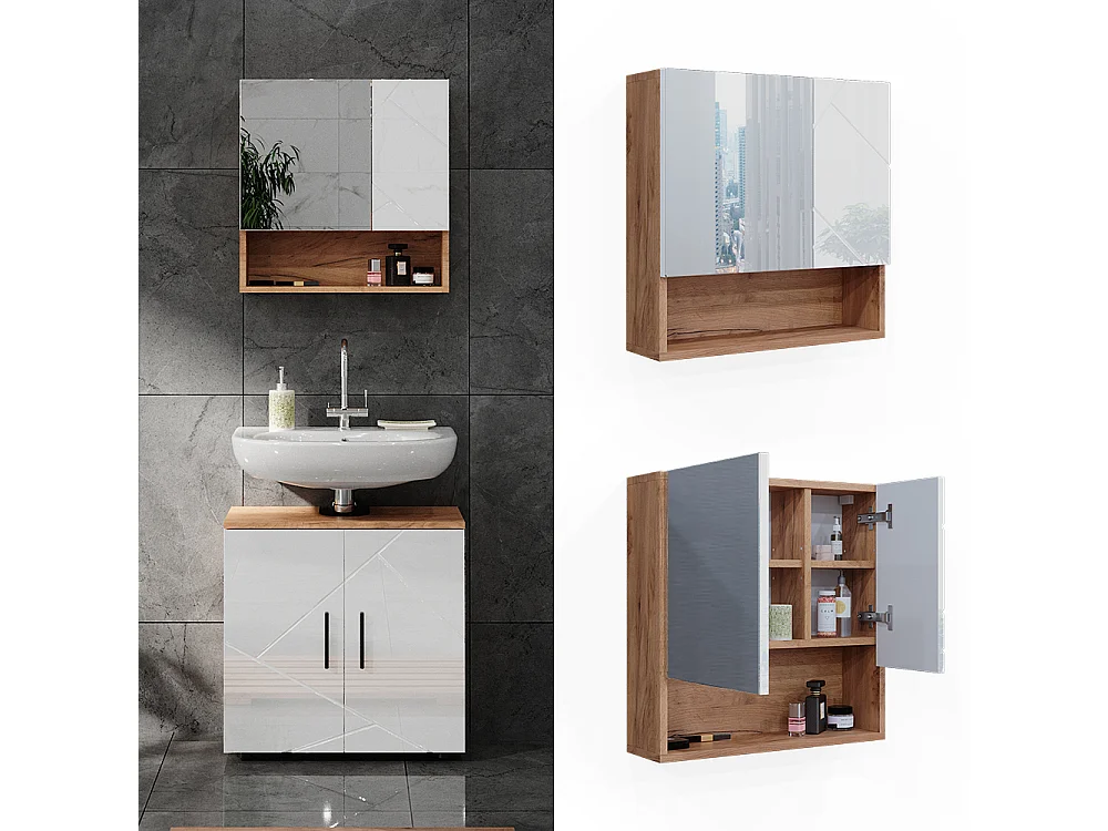 Armario con espejo para baño blanco brillo intenso/roble dorado 54x16.9x55 irma